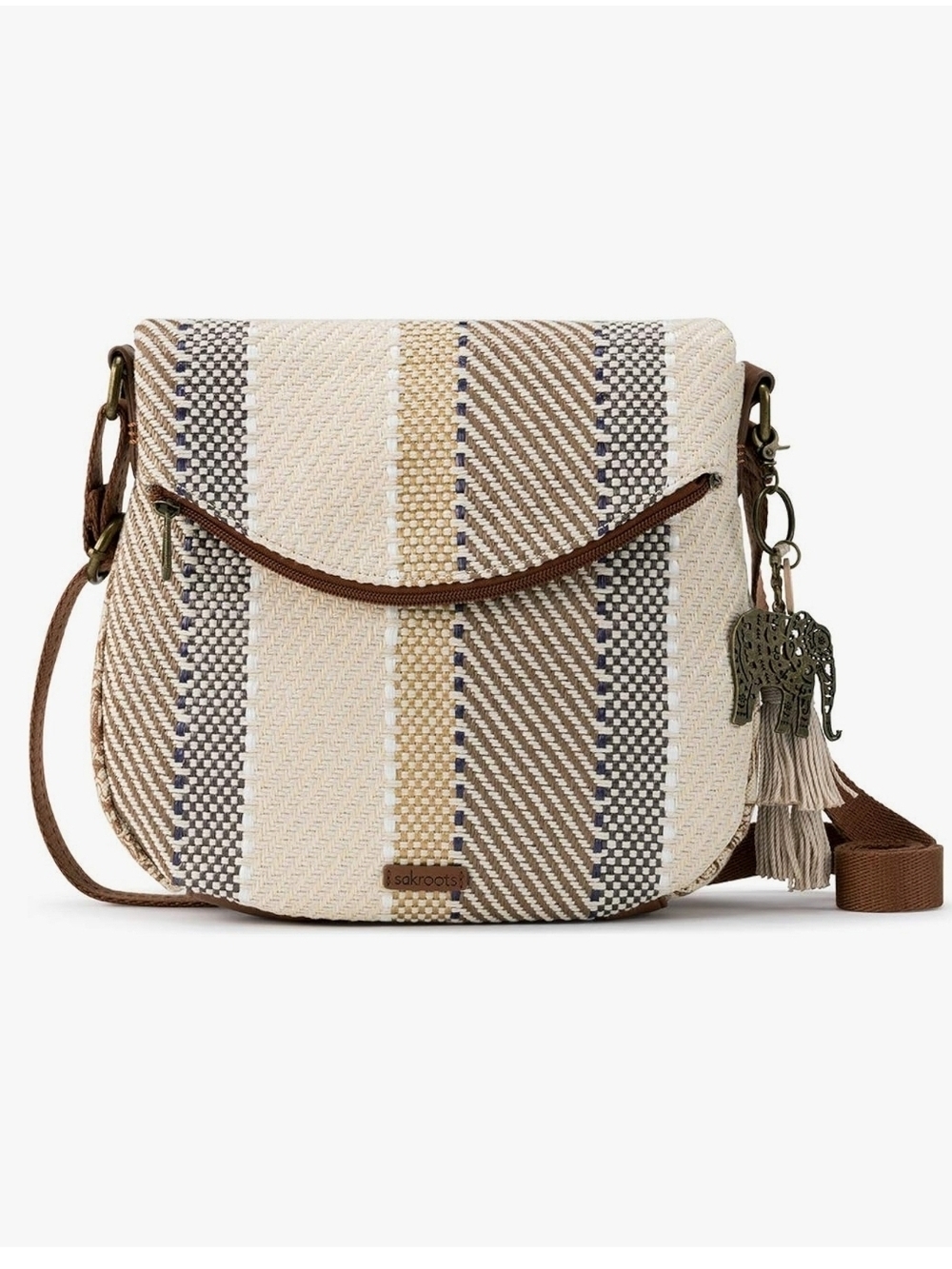 Sakroots Beige & Brown Striped Crossbody with Elephant Tassel